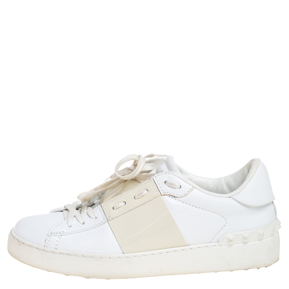 

Valentino White And Beige Patent Leather Band Open Low Top Sneakers Size