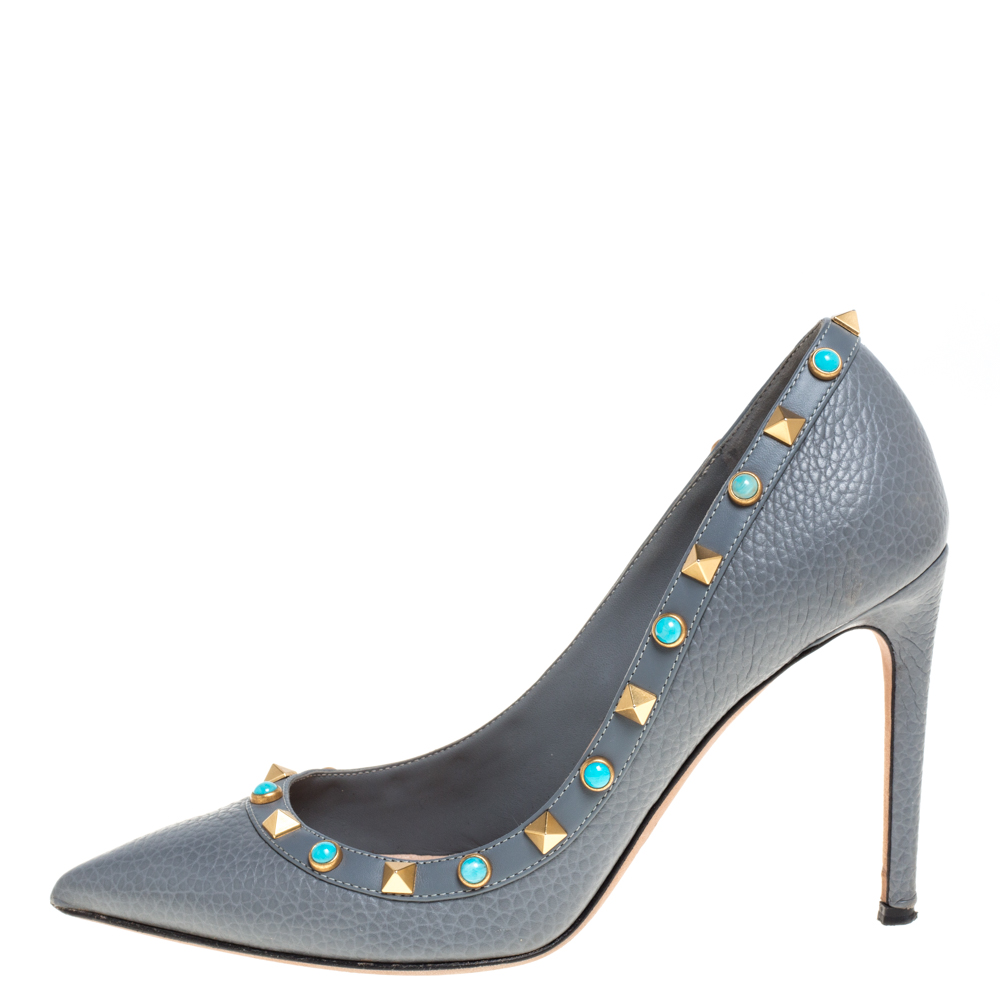 

Valentino Dark Grey Leather Rolling Rockstud Pointed Toe Pumps Size