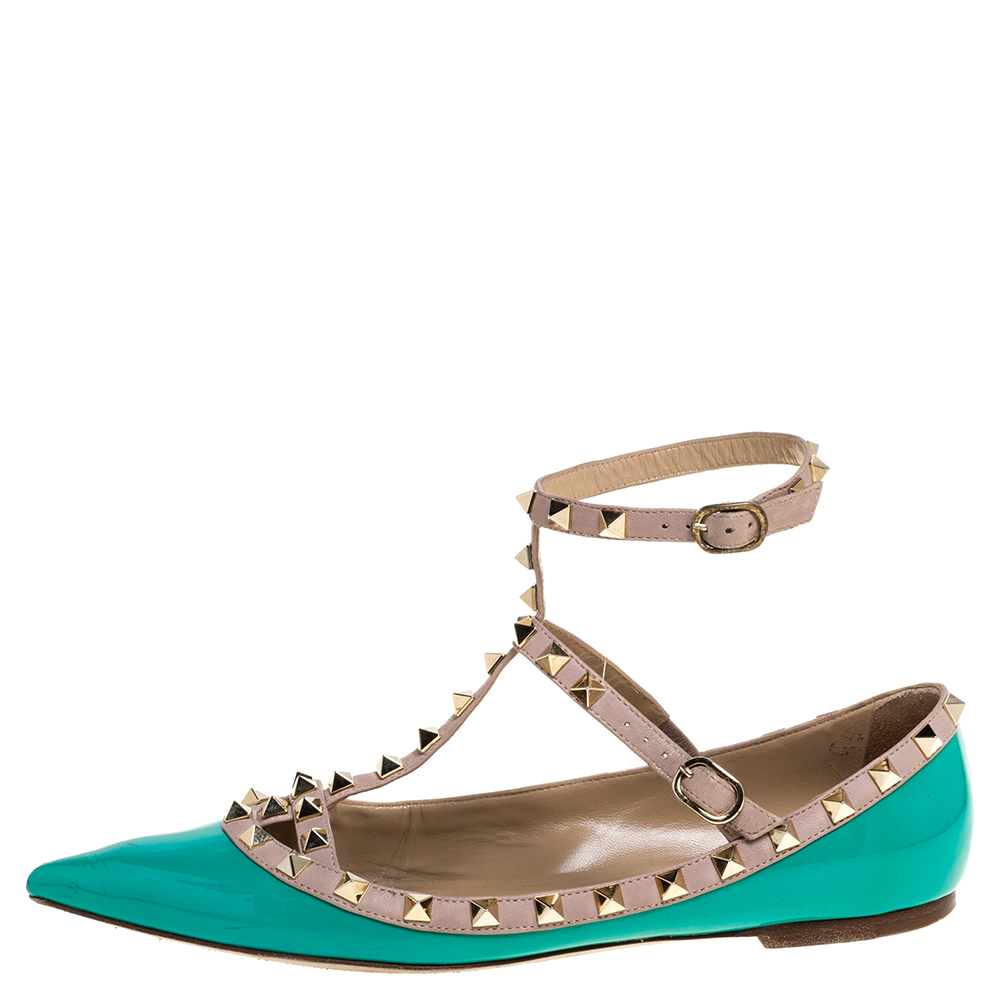 

Valentino Green/Beige Patent Leather T Strap Rockstud Pointed Toe Ballet Flats Size