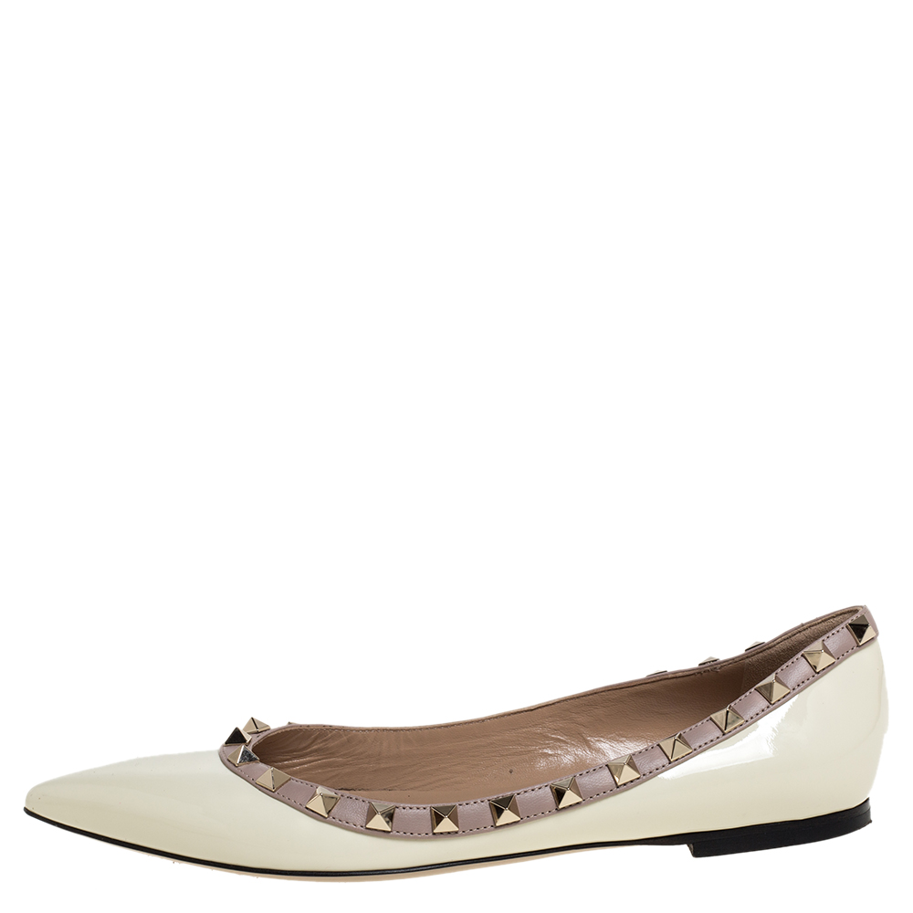 

Valentino White/Beige Patent Leather Rockstud Pointed Toe Flats Size
