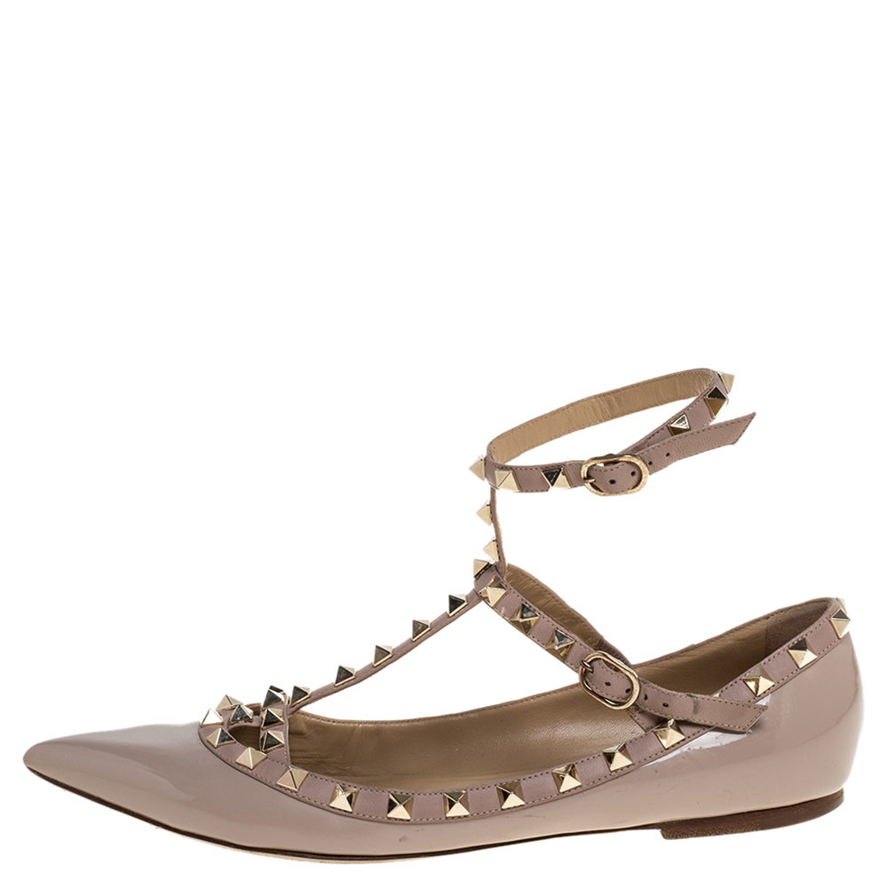 

Valentino Beige Patent Leather Rockstud Ankle Strap Ballet Flats Size