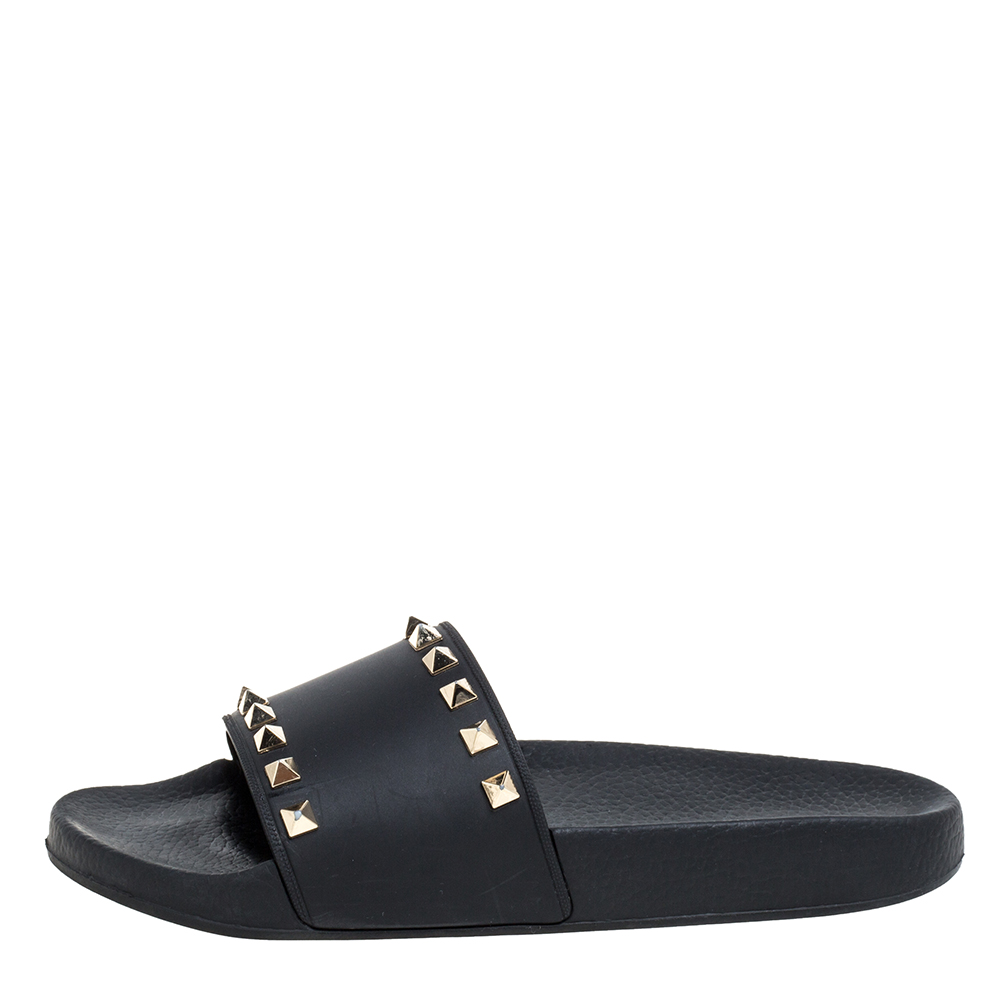 

Valentino Black Rubber Rockstud Slide Sandals Size