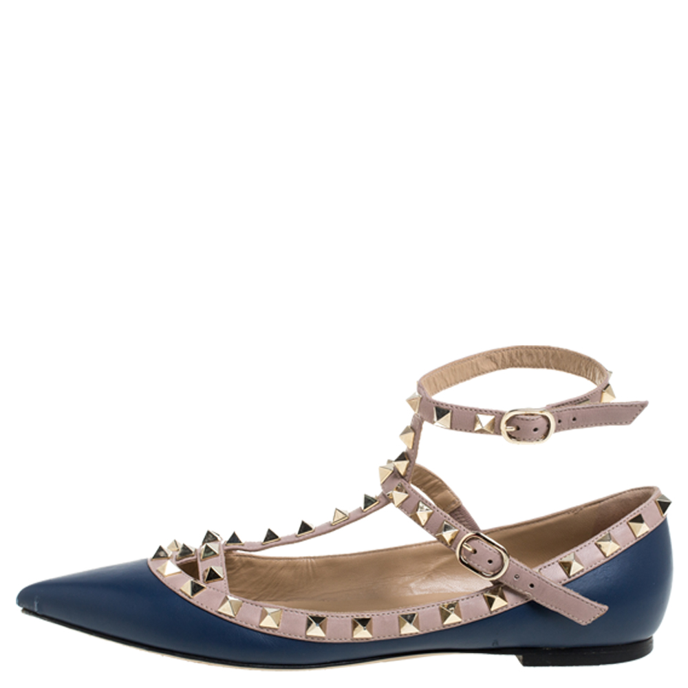 

Valentino Blue Leather Rockstud Strappy Pointed Toe Ballet Flats Size