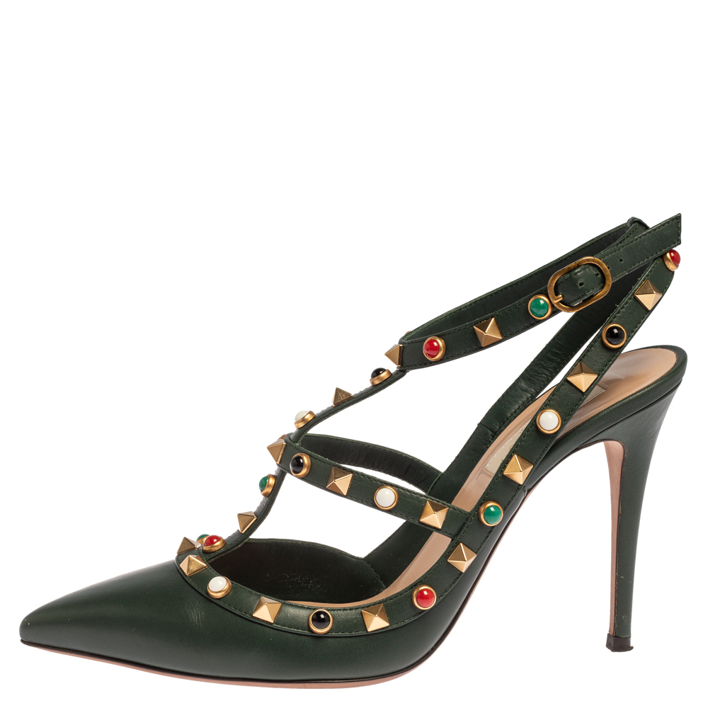 

Valentino Green Leather Rolling Rockstud Pointed Toe Ankle Strap Sandals Size
