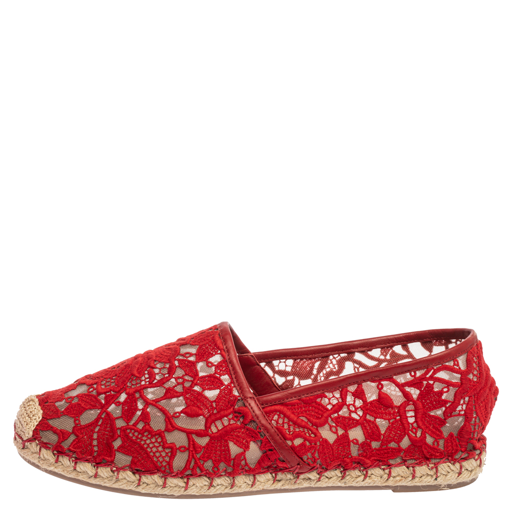 

Valentino Red Floral Lace Espadrille Flats Size