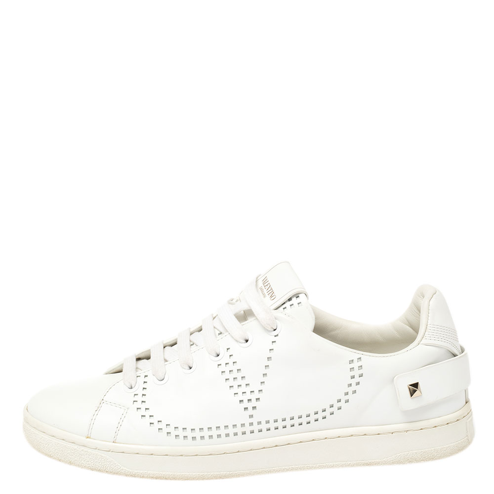 

Valentino White V-Logo Leather Rockstud Sneakers Size
