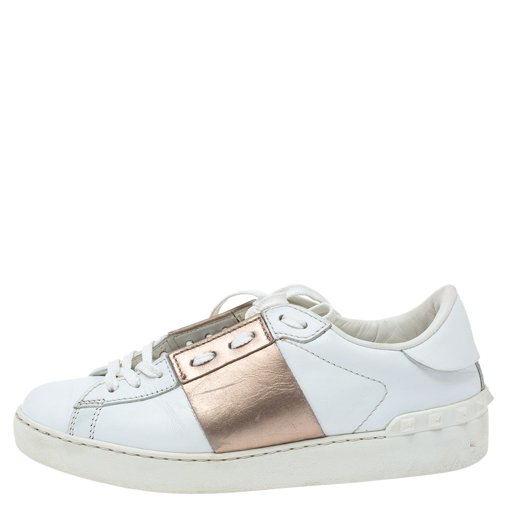 

Valentino White and Metallic Gold Band Leather Open Low Top Sneakers Size