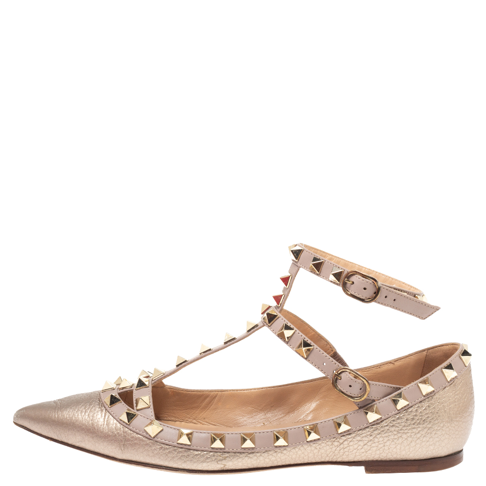 

Valentino Metallic Bronze Leather Rockstud Ankle Cuff Ballet Flats Size