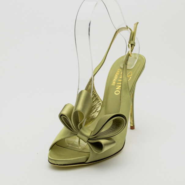 Pre Owned Valentino Green Satin Open Toe Bow Slingback Sandals Size 36.5
