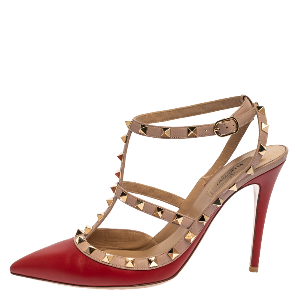 

Valentino Red Leather Rockstud Ankle Strap Sandals Size