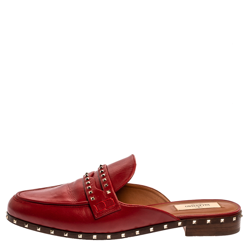 

Valentino Red Leather Rockstud Soul Loafer Mule Slides Size