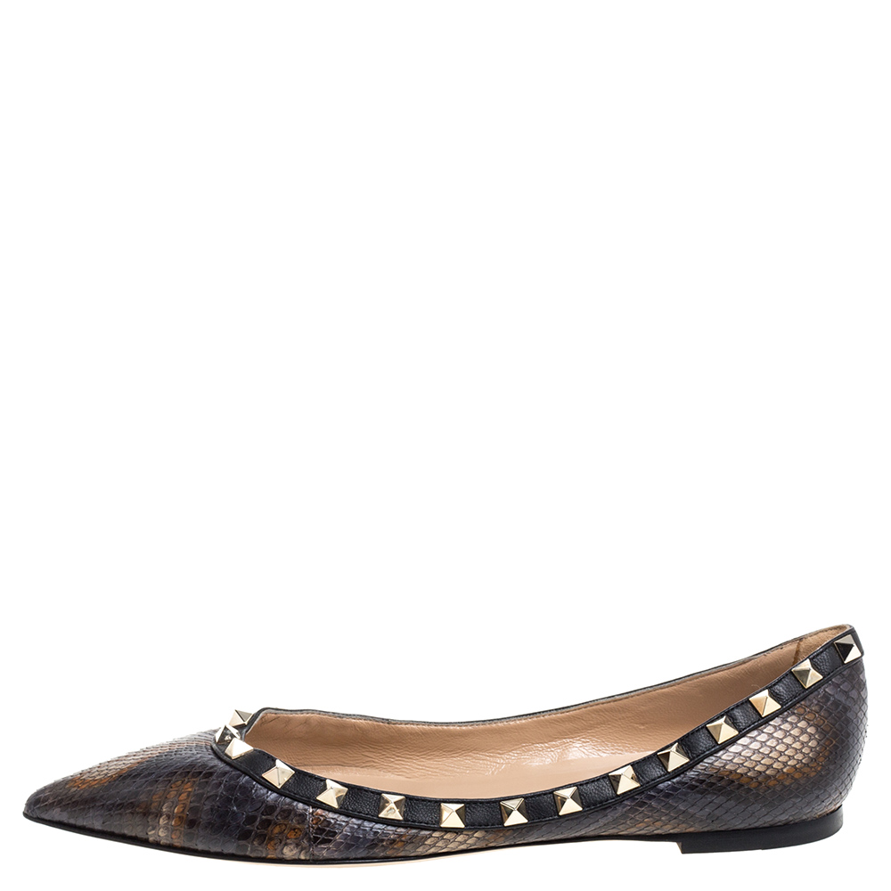 

Valentino Black/Brown Python Leather Rockstud Ballet Flats Size