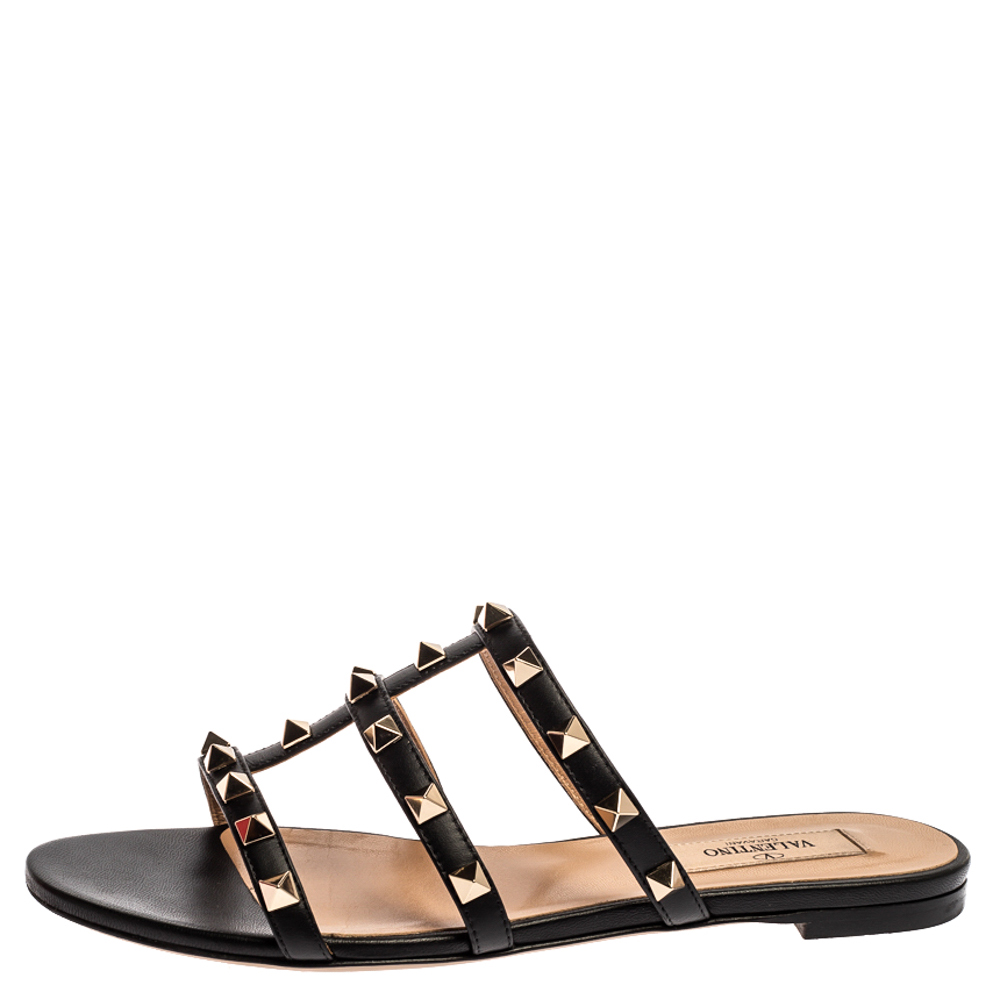 

Valentino Black Leather Rockstud Strappy Flats Size