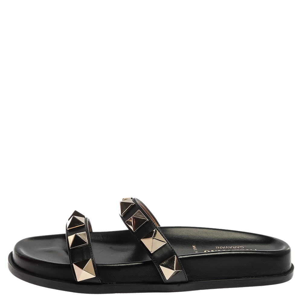 

Valentino Black Leather Macro Stud Flat Slides Size