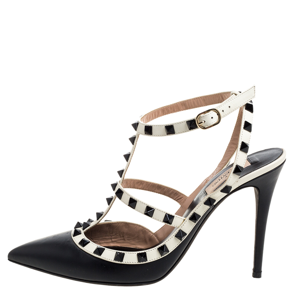 

Valentino Black/White Leather Rockstud Pointed Toe Ankle Strap Sandals Size