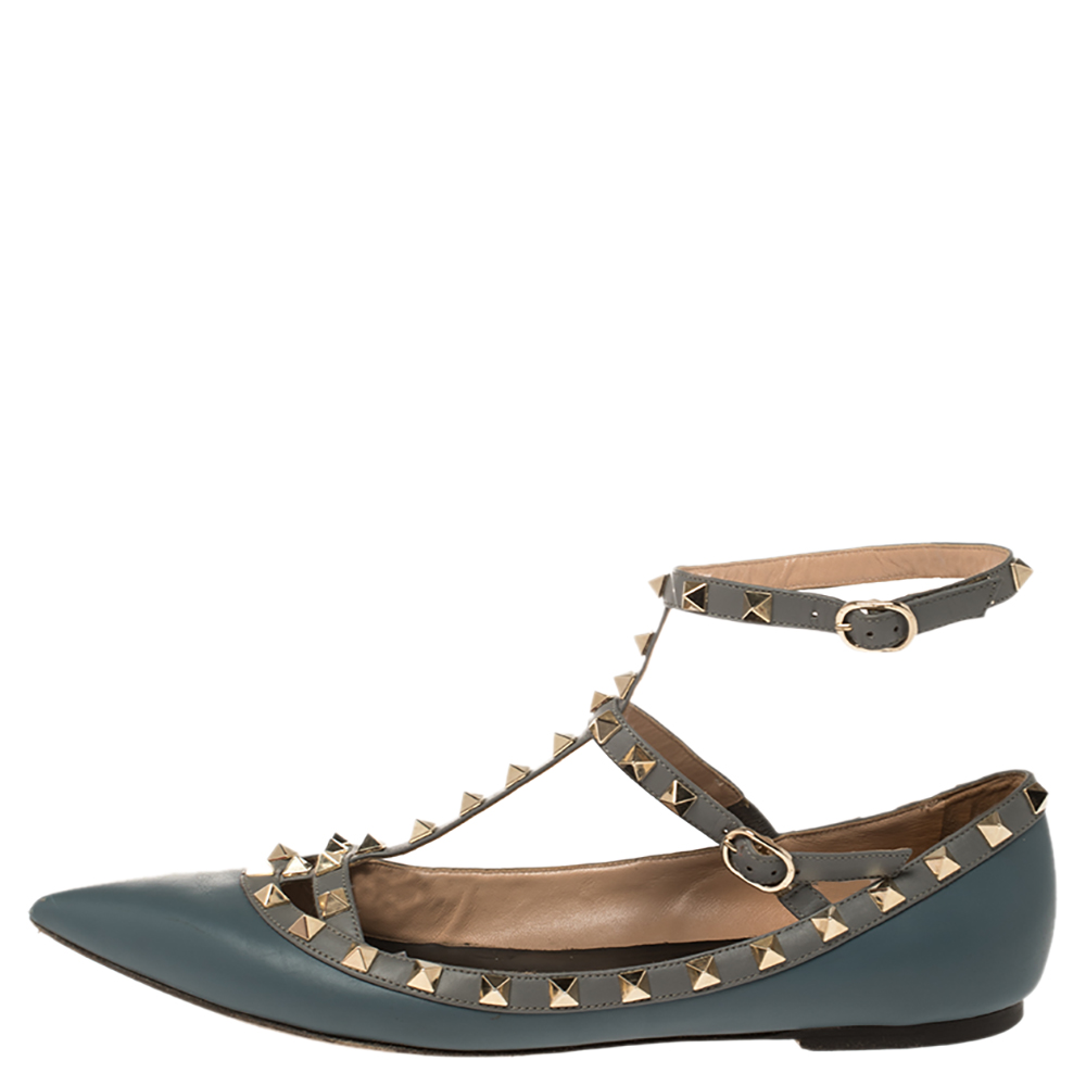 

Valentino Blue Leather Rockstud Ankle Strap Pointed Toe Flats Size