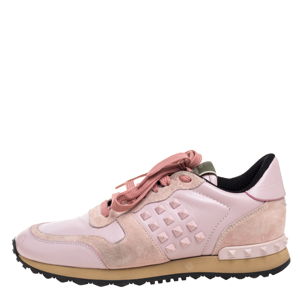 

Valentino Pink Leather And Suede Rockstud Rockrunner Low Top Sneakers Size