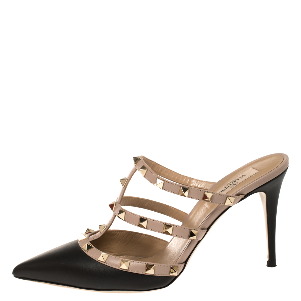 

Valentino Black/Pink Leather Rockstud Mule Sandals Size