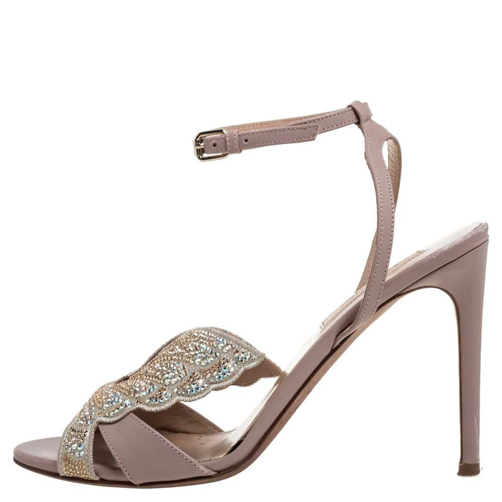 

Valentino Beige Crystal Embellished Leather Angelicouture Ankle Strap Sandals Size