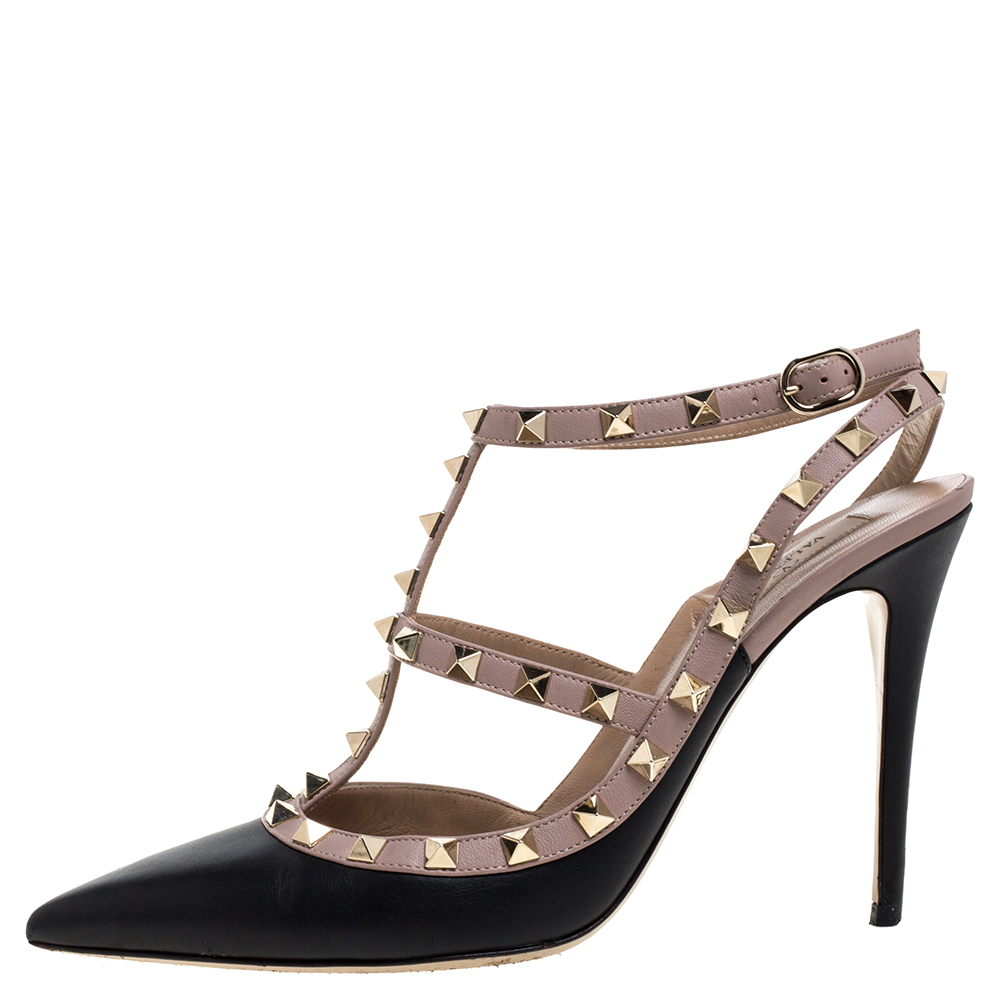 

Valentino Black/Pink Leather Rockstud Ankle Strap Sandals Size