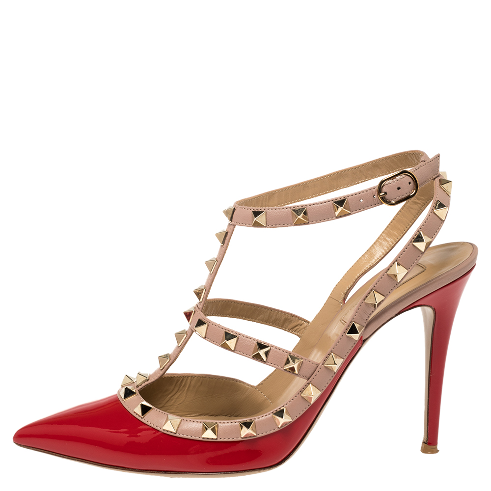 

Valentino Red/Pink Patent Leather Rockstud Strappy Sandals Size