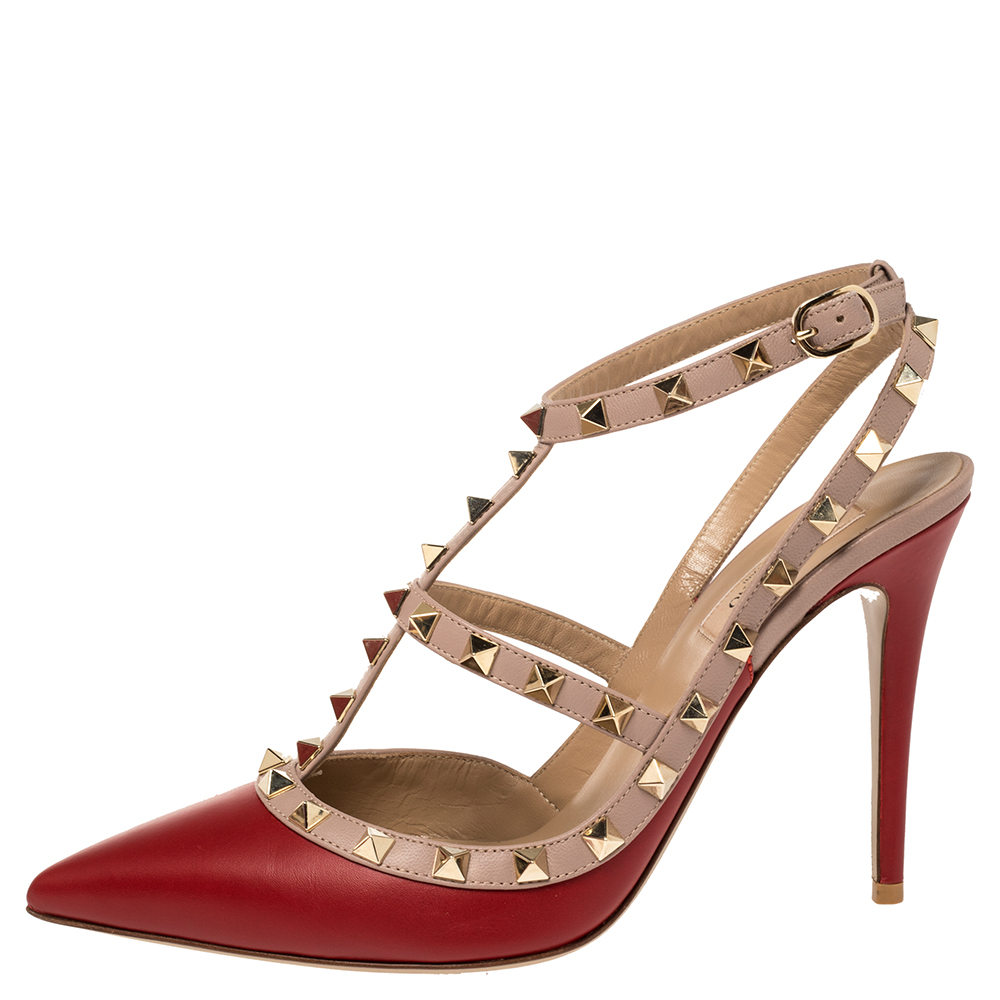 

Valentino Red/Beige Leather Rockstud Ankle Strap Sandals Size