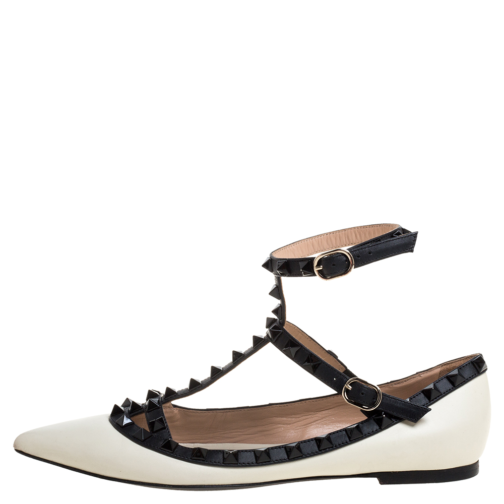 

Valentino Cream/Black Leather Rockstud Ankle Strap Ballet Flats Size