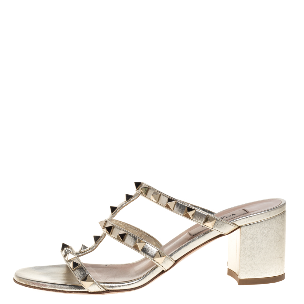

Valentino Gold Leather Rockstud Block Heel Slides Size