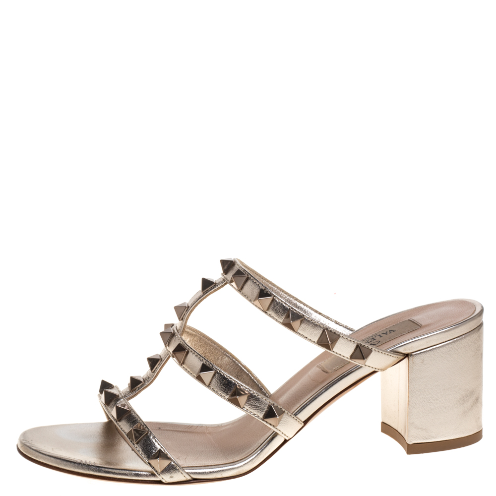 

Valentino Gold Leather Rockstud Block Heel Slides Size