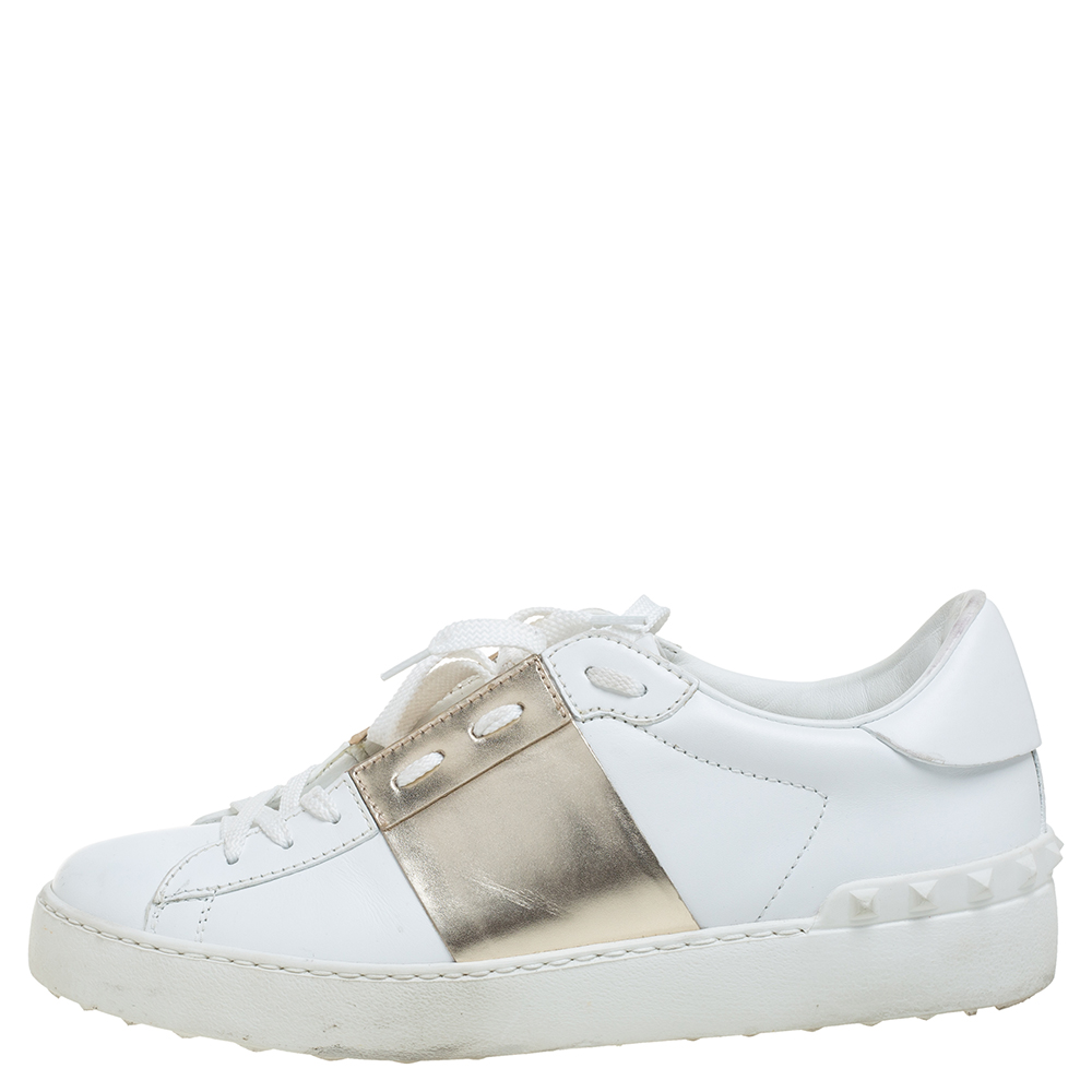 

Valentino White/Gold Band Leather Open Low Top Sneakers Size