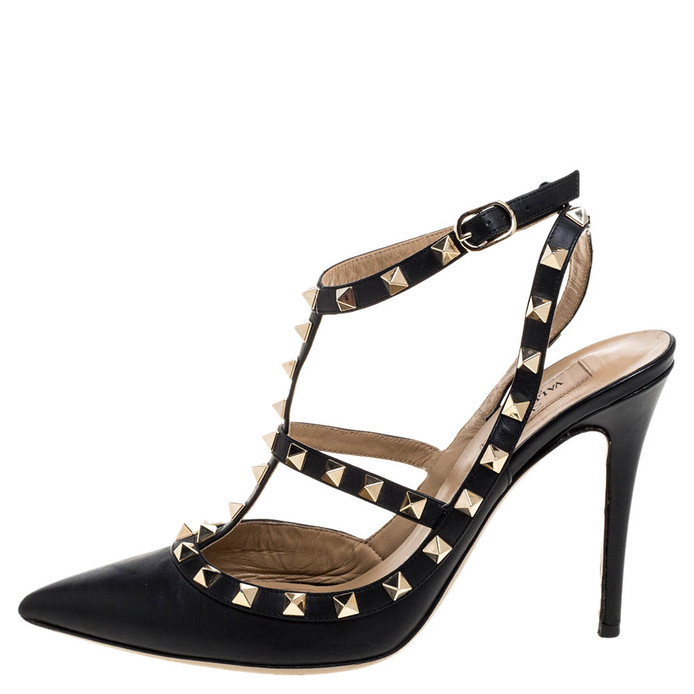 

Valentino Black Leather Rockstud Accents Leather T Strap Pointed Toe Sandals Size