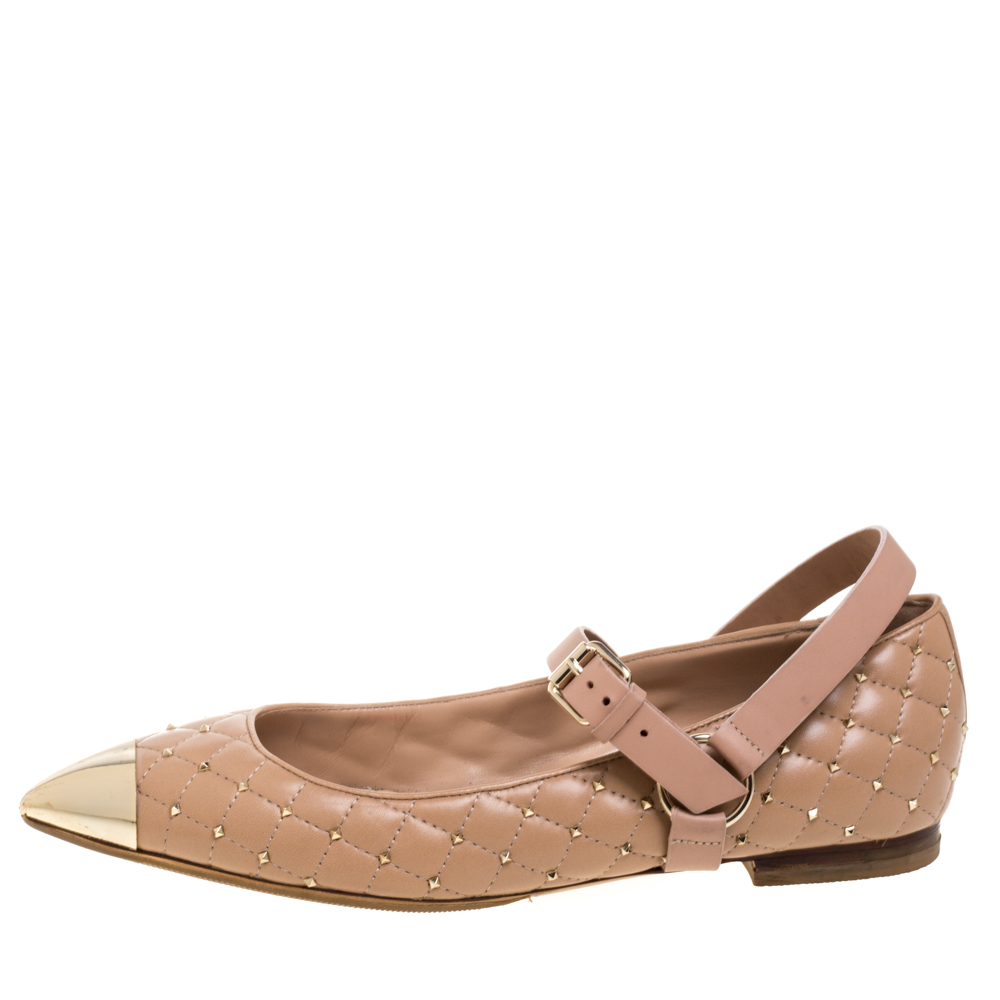 

Valentino Beige Quilted Leather Rockstud Cap Toe Ballet Flats Size