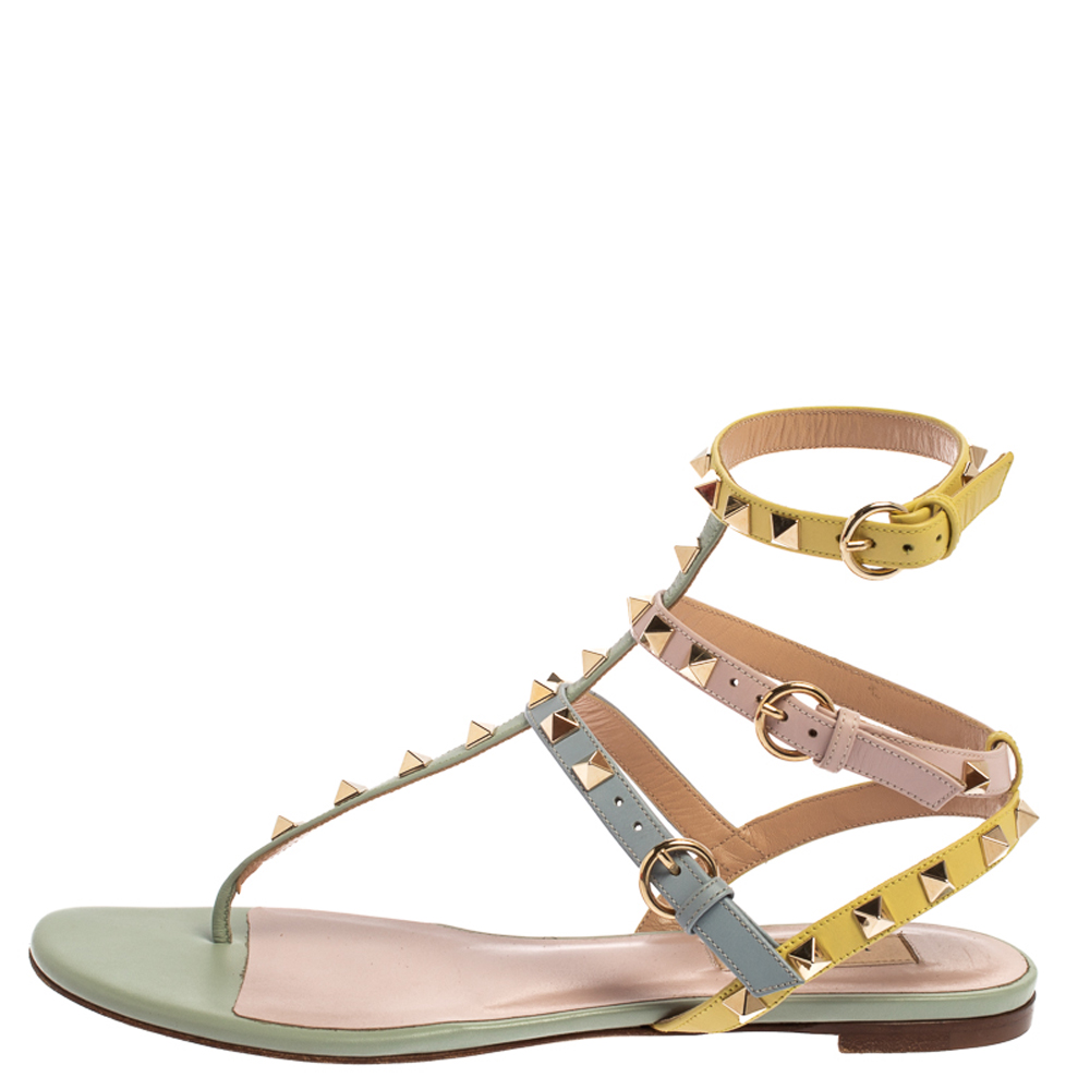 

Valentino Multicolor Leather Rockstud Ankle Strap Flat Sandals Size