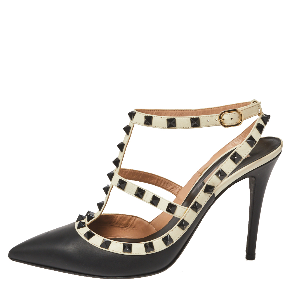 

Valentino Black/Cream Leather Rockstud Pointed Toe Ankle Strap Sandals Size