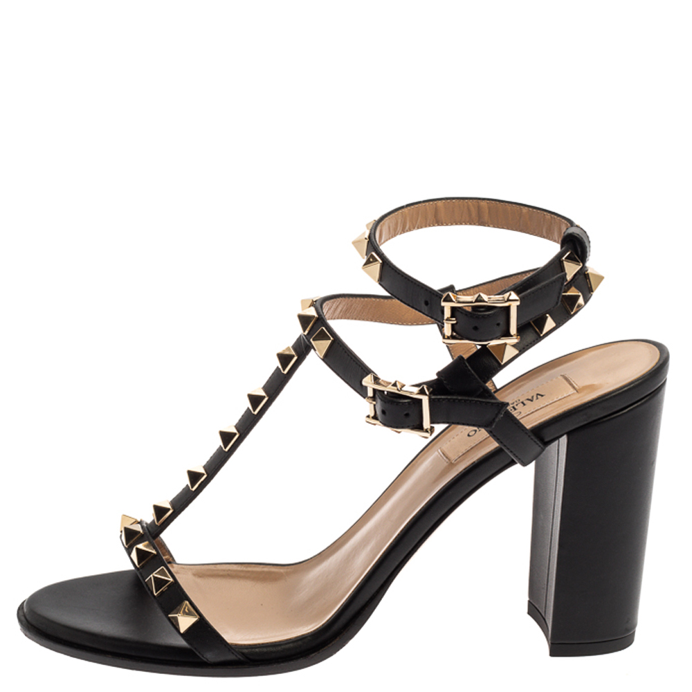 

Valentino Black Leather Rockstud Block Heel Strappy Sandals Size