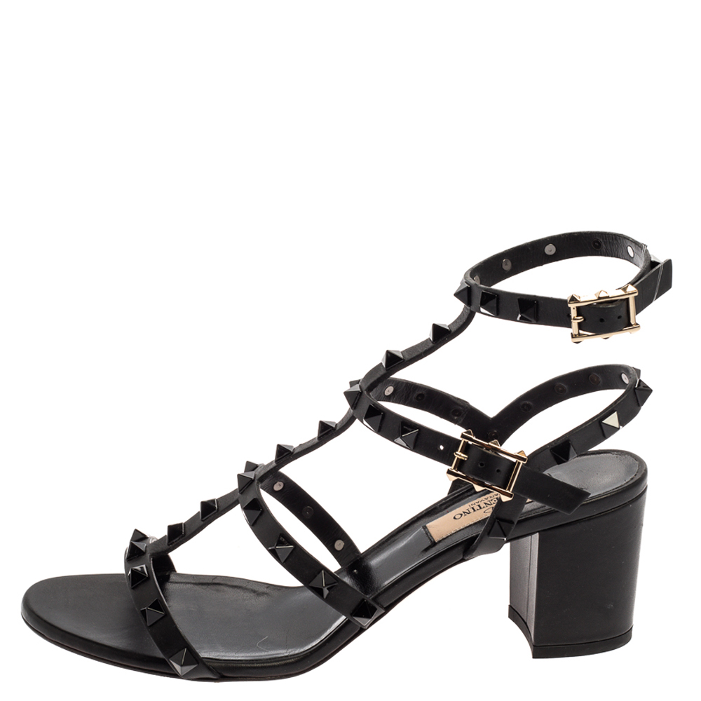 

Valentino Black Leather Rockstud Caged Open Toe Sandals Size