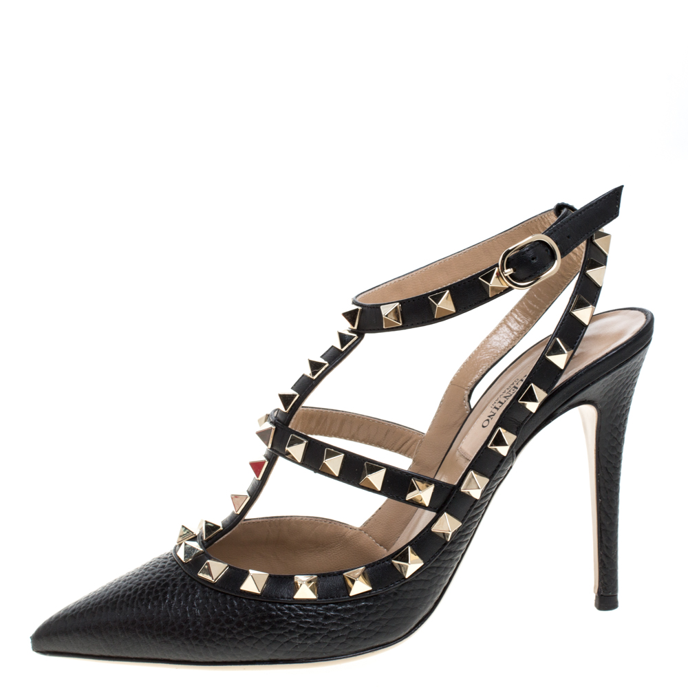 

Valentino Black Grainy Leather Rockstud Pointed Toe Ankle Strap Sandals Size