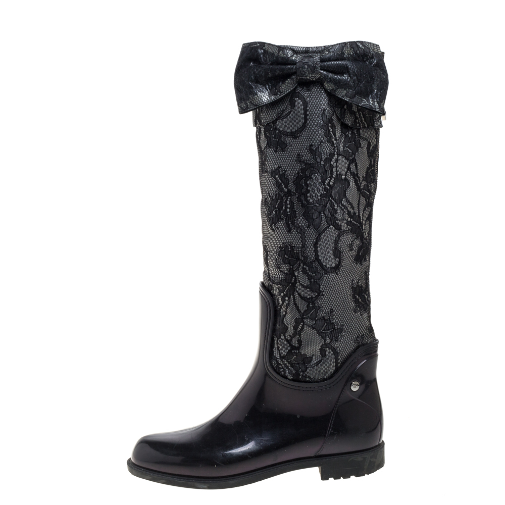 

Valentino Grey/Black Lace and Rubber Rain High Boots Size