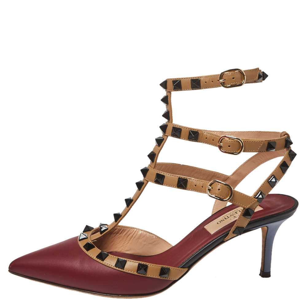 

Valentino Burgundy/Beige Leather Rockstud Pointed Toe Ankle Strap Sandals Size
