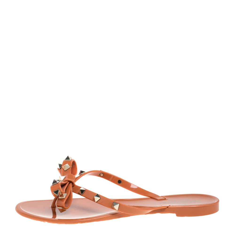 

Valentino Orange Jelly Bow Rockstud Flat Thong Sandals Size