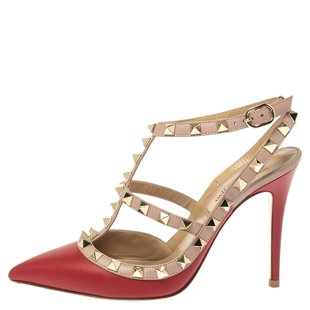 

Valentino Red/Beige Leather Rockstud Ankle Strap Caged Sandals Size