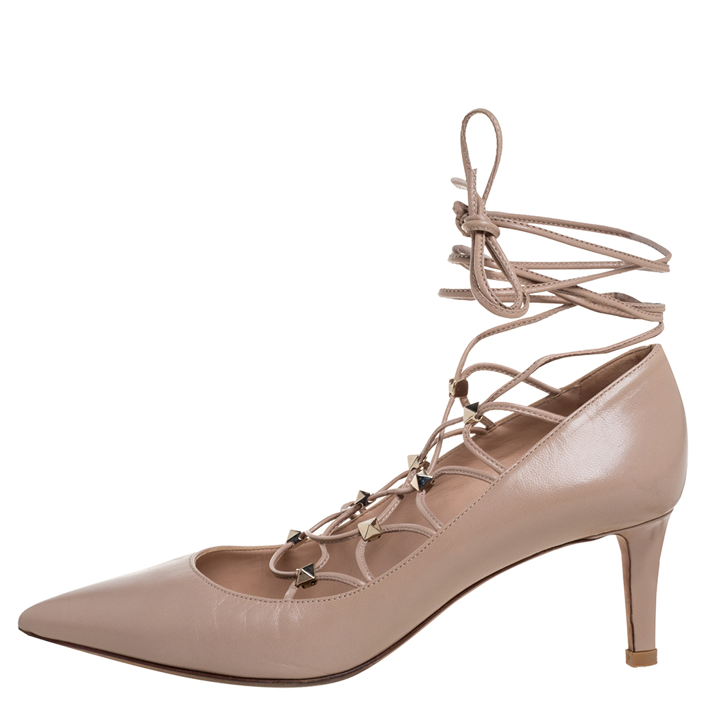 

Valentino Beige Leather Rockstud Lace Wrap Pumps Size