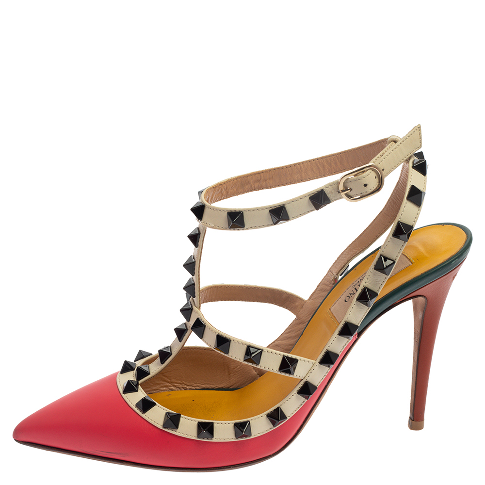 

Valentino Pink/ White Leather Rockstud Ankle Strap Sandals Size