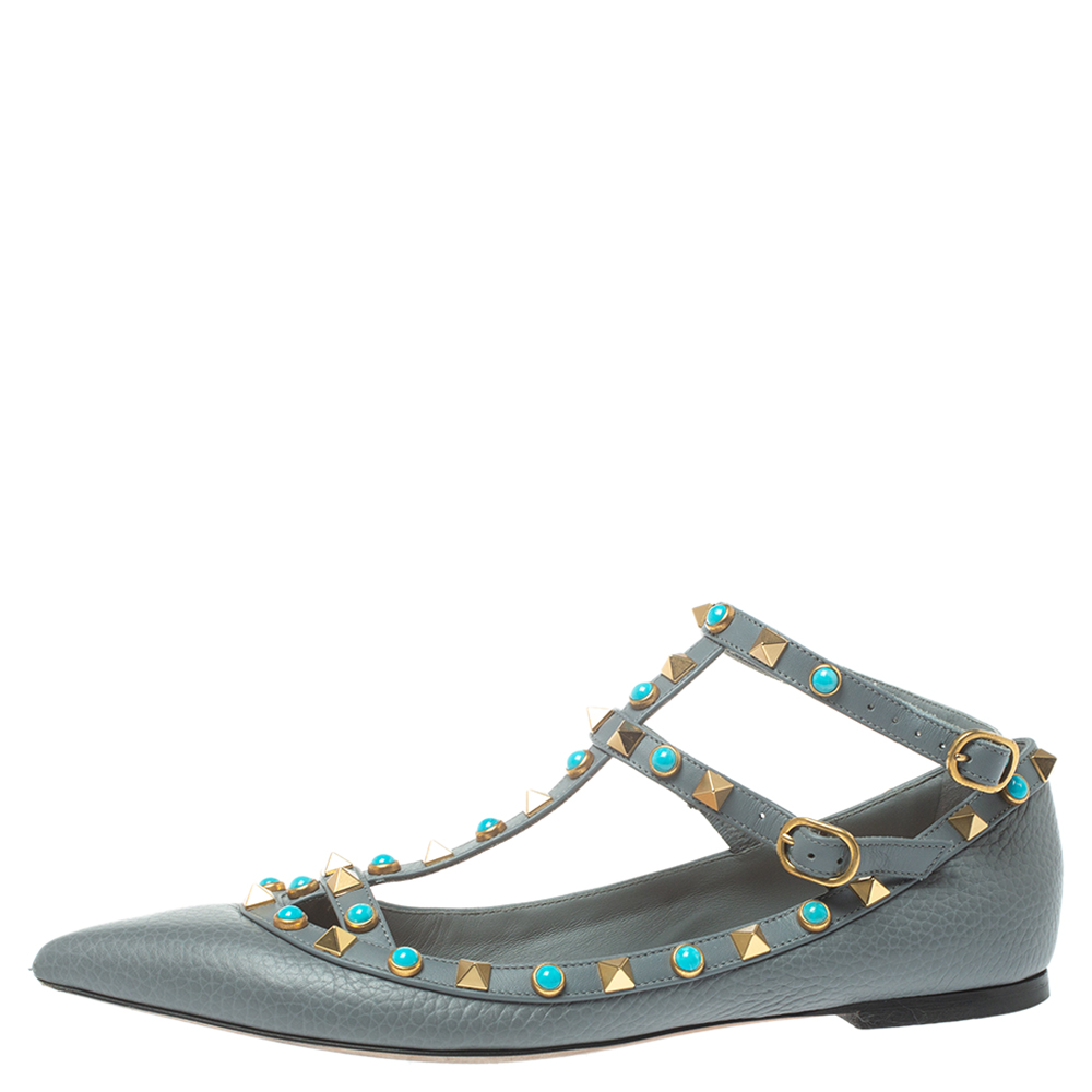 

Valentino Grey Leather Rolling Rockstud Ankle Strap Ballerina Flats Size