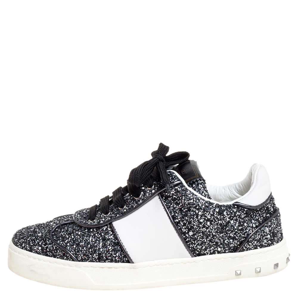 

Valentino Metallic Grey/White Glitter And Leather Flycrew Low Top Sneakers Size