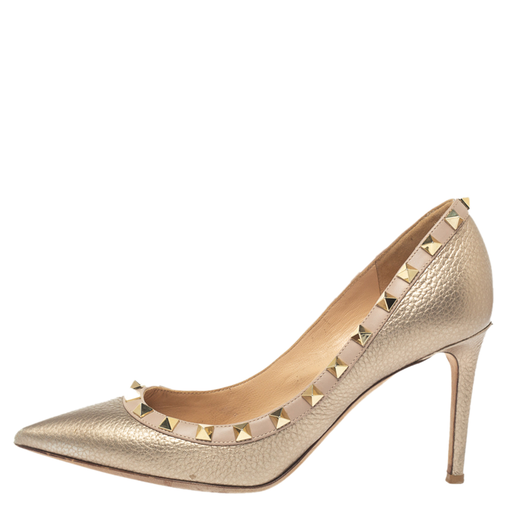 

Valentino Metallic Gold Leather Rockstud Pumps Size