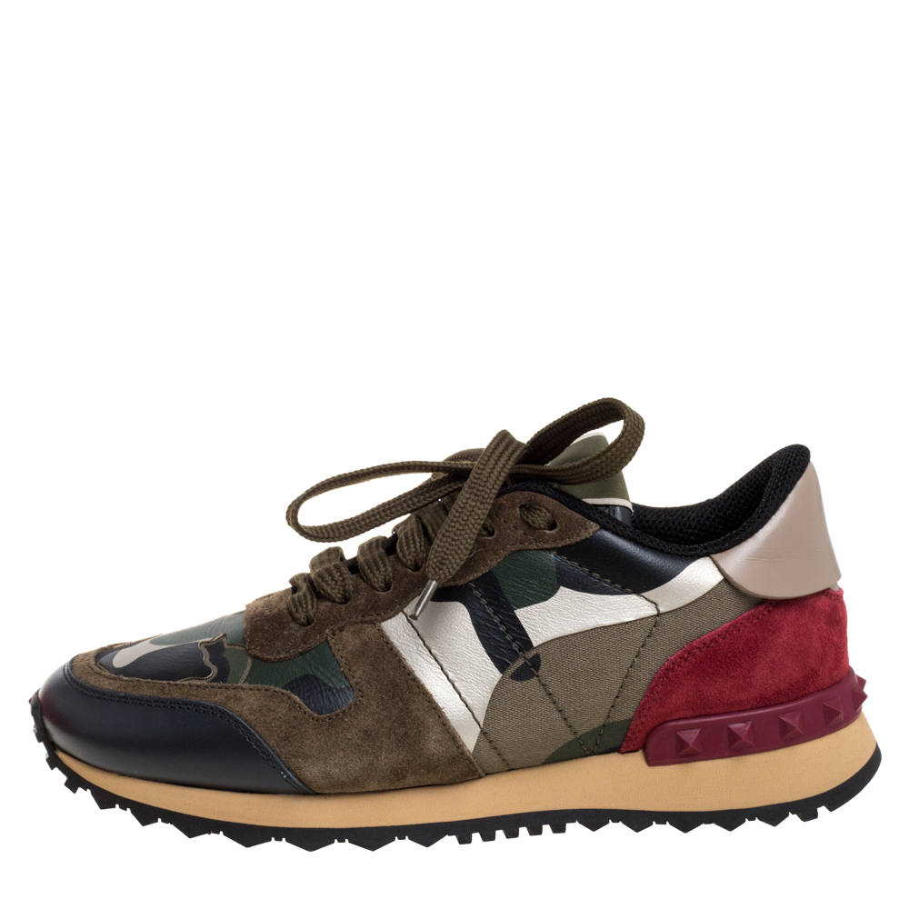 

Valentino Multicolor Camouflage Printed Canvas And Suede Leather Rockrunner Low Top Sneakers Size