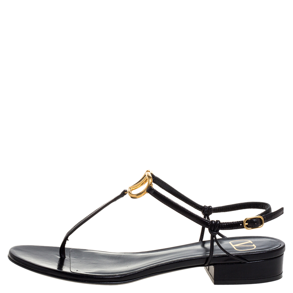 

Valentino Black Leather VLogo Thong Sandals Size