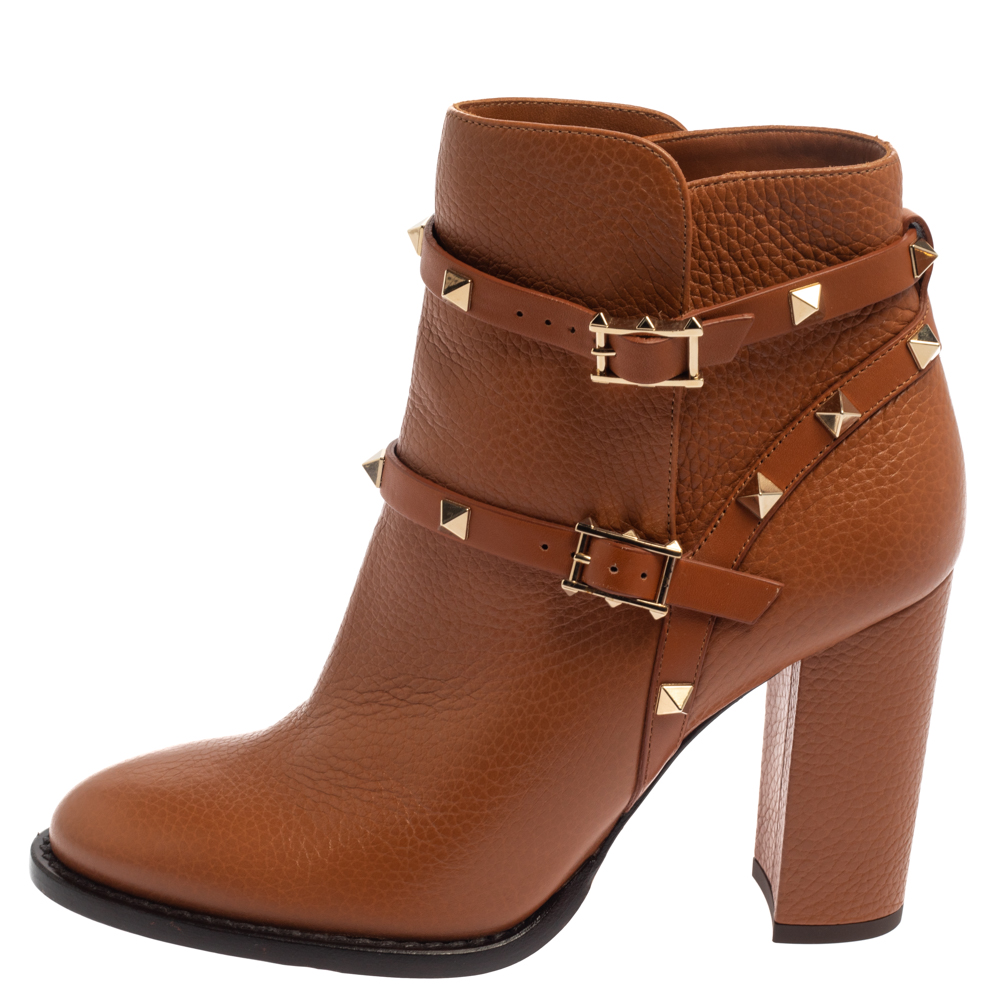 

Valentino Tan Leather Rockstud Block Heel Ankle Boots Size