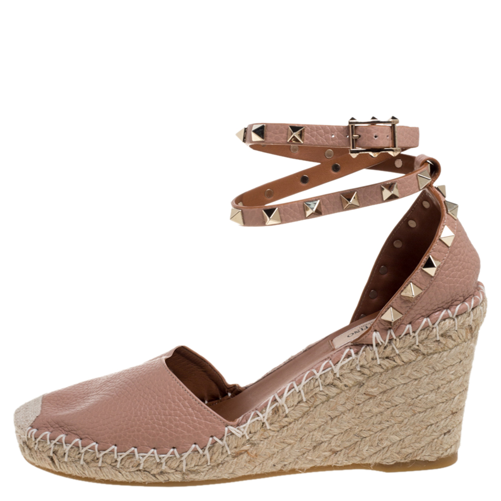 

Valentino Pale Pink Leather Rockstud Espadrille Wedge Sandals Size